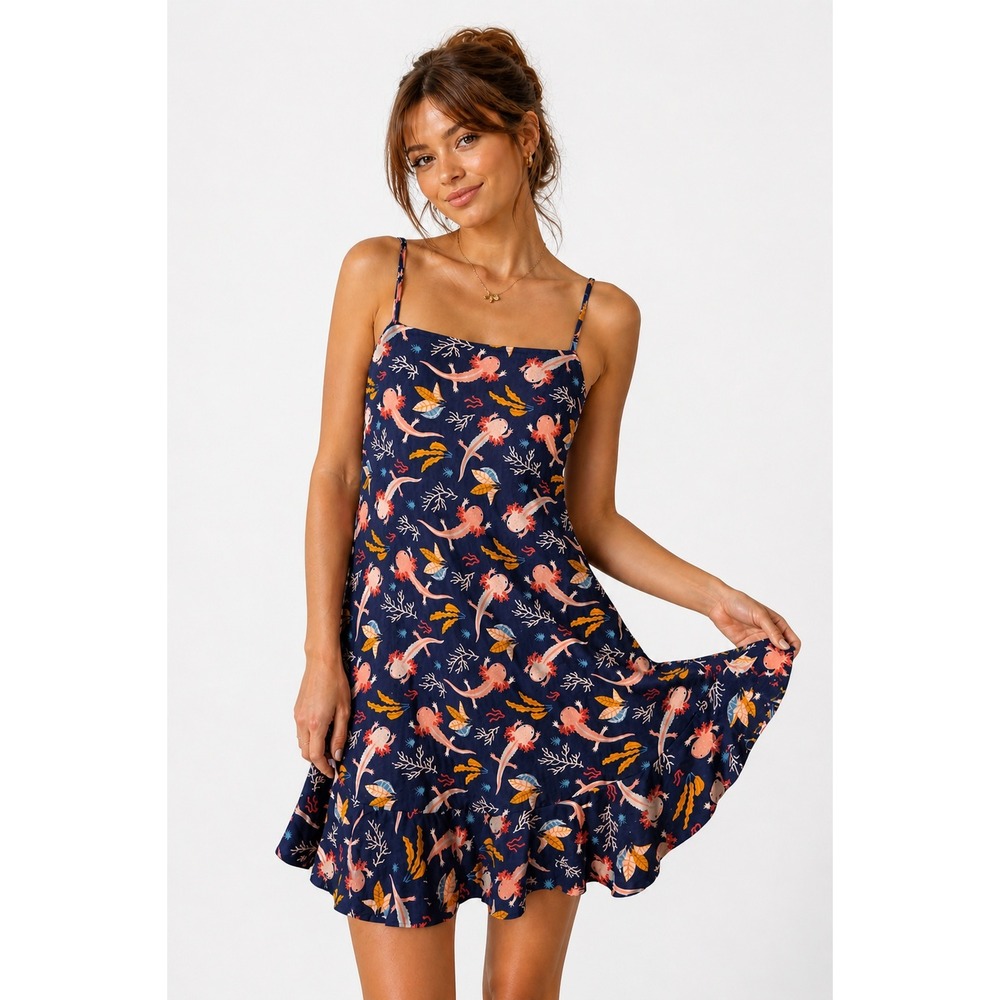 Attic Salt Axolotl Print Women's S Cotton Flax Navy Blue Mini Dress Nautical New